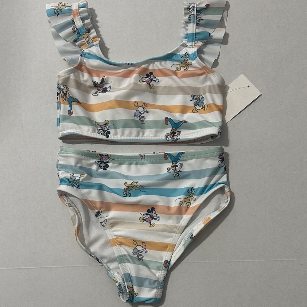 Girl’s Mickey & Friends Walk, Striped Pastel Two-Piece Swimsuit
